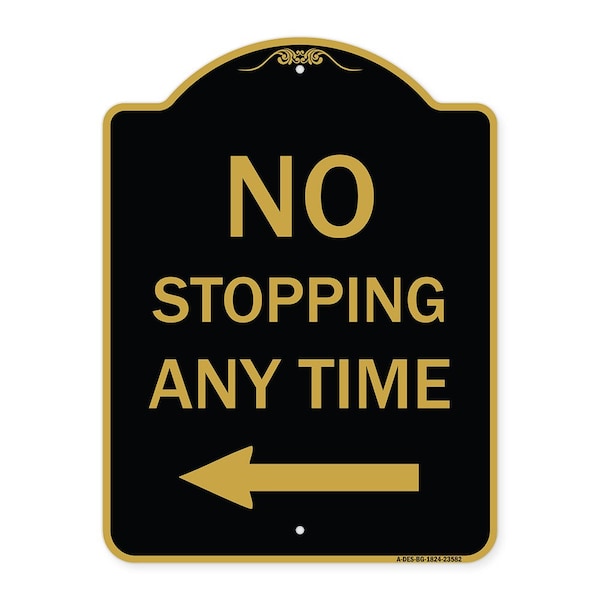 No Stopping Anytime with Arrow, Black & Gold Aluminum Architectural Sign, 18" x 24", BG-1824-23582
